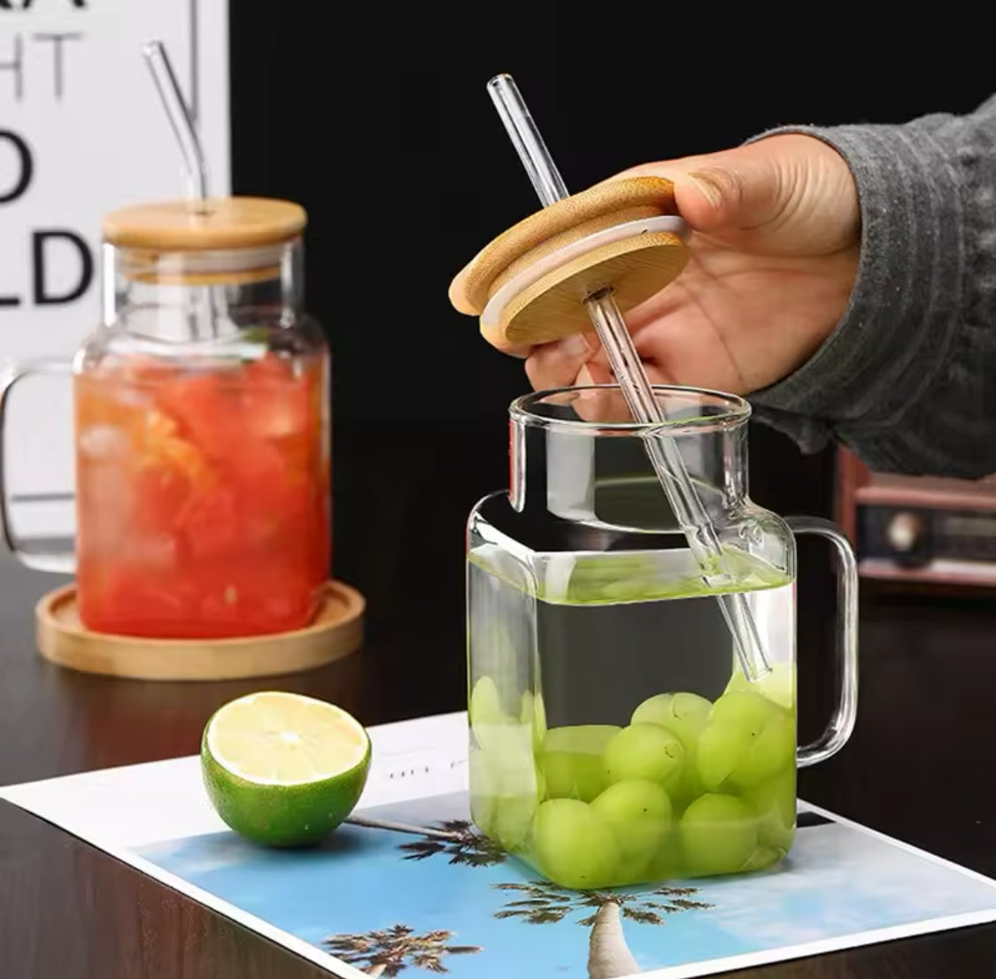 450ml Square Mug With Lid And Straw, Transparent Coffee Drinking Glass Cup With Handle, Party Beverage Cup, Portable Glass Cup With Straw Lid 450ml Square Mug With Lid And Straw, Transparent Coffee Drinking Glass Cup With Handle, Party Beverage Cup, Portable Glass Cup With Straw Lid